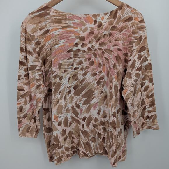 Alfred Dunner XL Abstract Print Top Brown Pink Stretch Cotton 3/4 Sleeve Boho - Picture 2 of 3